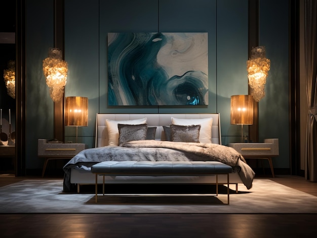 Interior of a luxury bedroom design with bed lamps and abstract painting