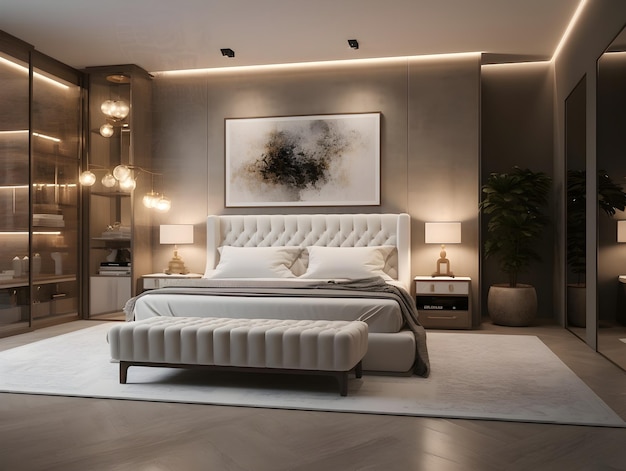 Interior of a luxury bedroom with bed lamps abstract painting and impressive ceiling design