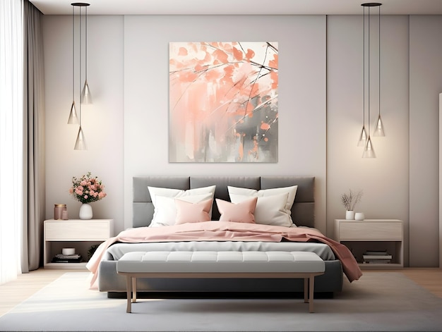 Interior of a luxury bedroom with bed lamps abstract painting and impressive ceiling design