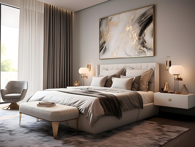 Interior of a luxury bedroom with bed lamps abstract painting and impressive ceiling design