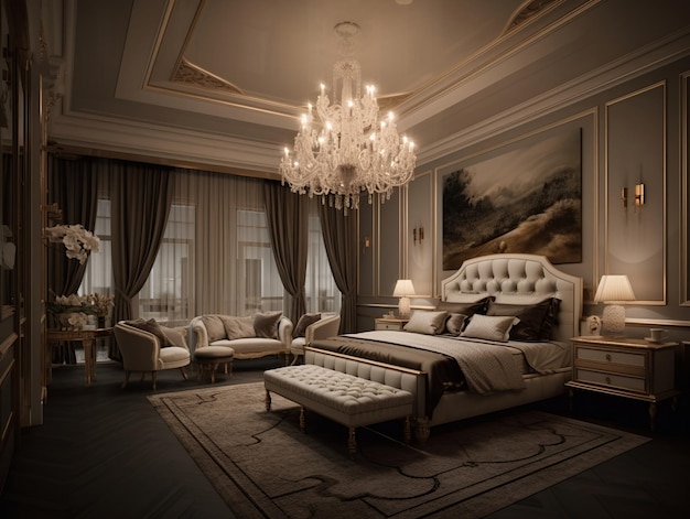 Interior of a luxury bedroom with bed lamps chandelier abstract painting and impressive ceiling