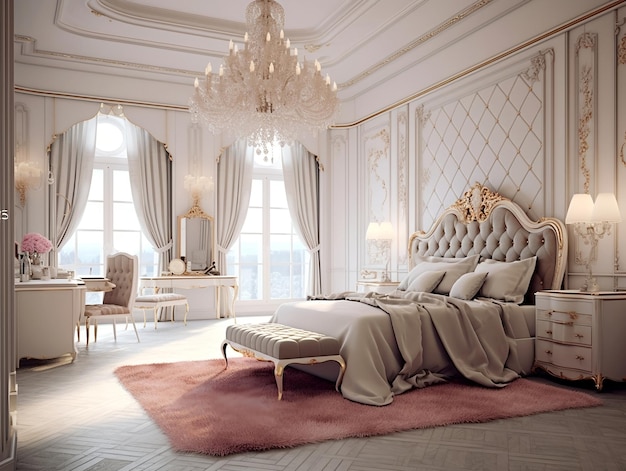 Interior of a luxury bedroom with bed lamps chandelier abstract painting and impressive ceiling