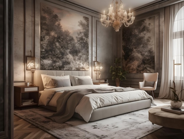 Interior of a luxury bedroom with bed lamps chandelier abstract painting and impressive ceiling