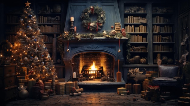 Interior of luxury classic living room with Christmas decor Blazing fireplace garlands and burning candles elegant Christmas tree gift boxes bookcase Christmas and New Year celebration concept