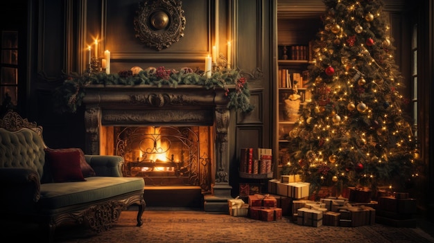 Interior of luxury classic living room with Christmas decor Blazing fireplace garlands and burning candles elegant Christmas tree gift boxes Christmas and New Year celebration concept