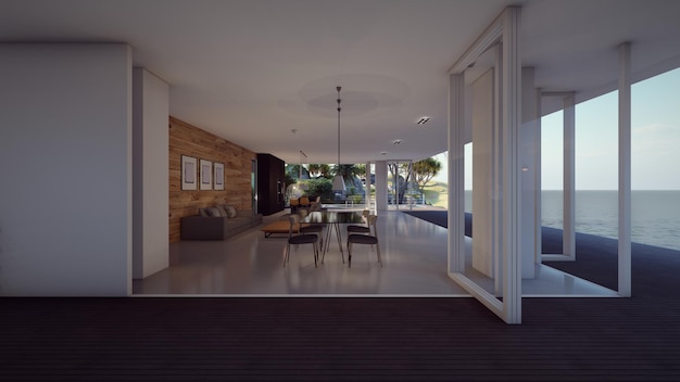 Interior of luxury modern house view from outdoor 3d illustration