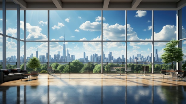 Interior of luxury open space office area in modern building Glossy floor chillout area huge floortoceiling windows with city park and urban skyscrapers view Template 3D rendering