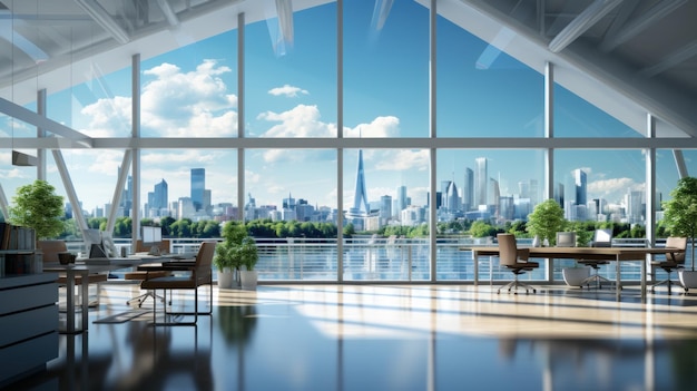 Interior of luxury open space office area in modern building Glossy floor large desk with chairs chillout area floortoceiling windows with urban landscape view Template 3D rendering