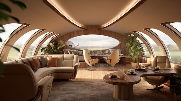 The interior of a luxury yacht with a view of the sea.