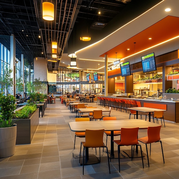 Interior of a malls food court showcasing diverse dining options and seating styles