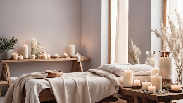 The interior of the massage room in ecostyle and beige tones with natural fabrics and materials Potted plants Rolled towels on the massage table candles relaxing atmosphere AI generated