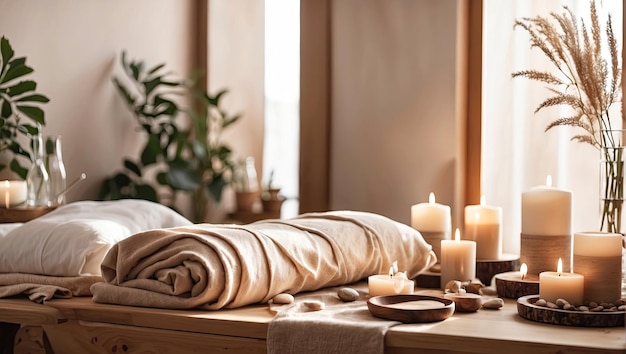 The interior of the massage room in ecostyle and beige tones with natural fabrics and materials Potted plants Rolled towels on the massage table candles relaxing atmosphere AI generated