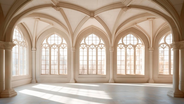 Interior of a medieval architecture with arched windows and white walls