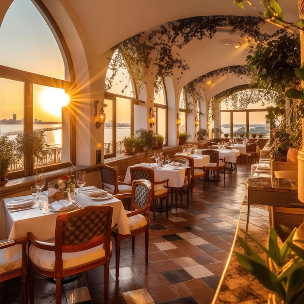 Interior of Mediterranean restaurant with laid tables in the rays of the setting sun