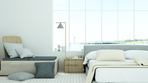 The interior minimal style hotel bedroom space 3d rendering and nature view