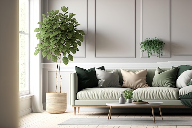 Interior of a mock living room with a sofa against a blank cream colored wall