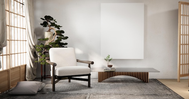 Interior mock up with armchair in japanese living room with empty wall