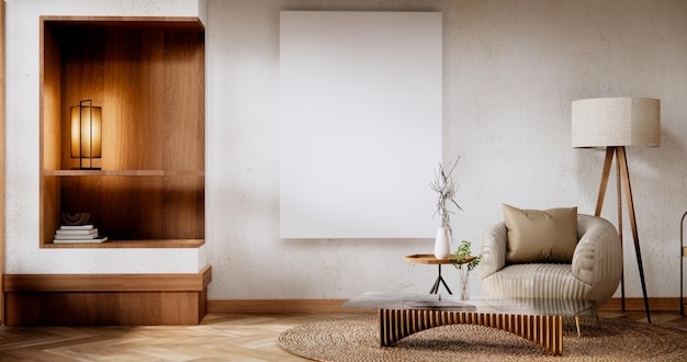 Interior mock up with armchair in japanese living room with empty wall