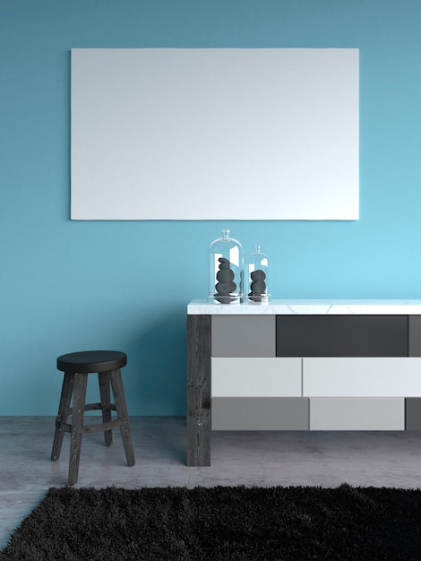 Interior mock up with dresser chair blue wall black carpet d render