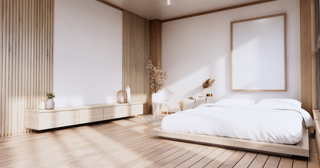 Interior mock up with zen bed plant and decoartion in japanese bedroom. 3D rendering.