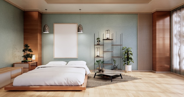 Interior mock up with zen bed plant and decoartion in japanese cyan bedroom. 3D rendering.