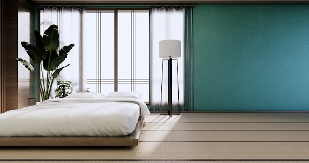 Interior mock up with zen bed plant and decoartion in japanese mint bedroom. 3D rendering.