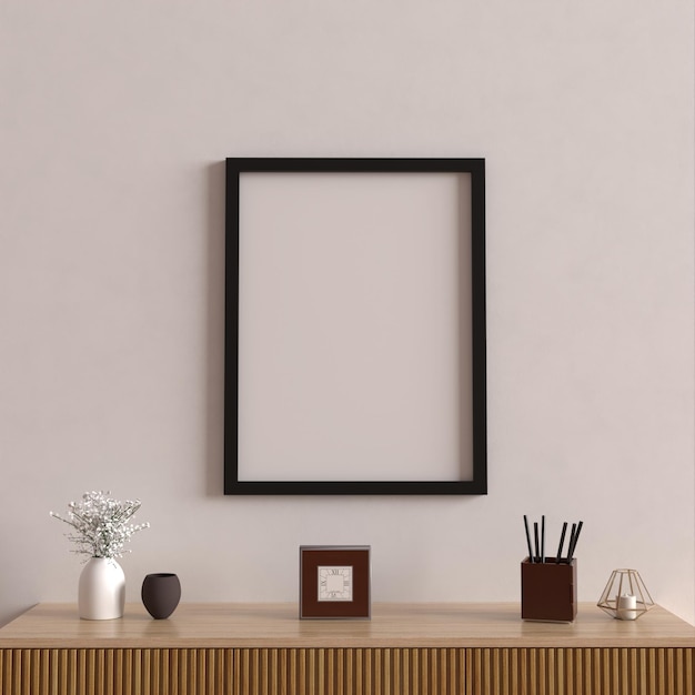 Interior mockup poster with black vertical frame on white wall background