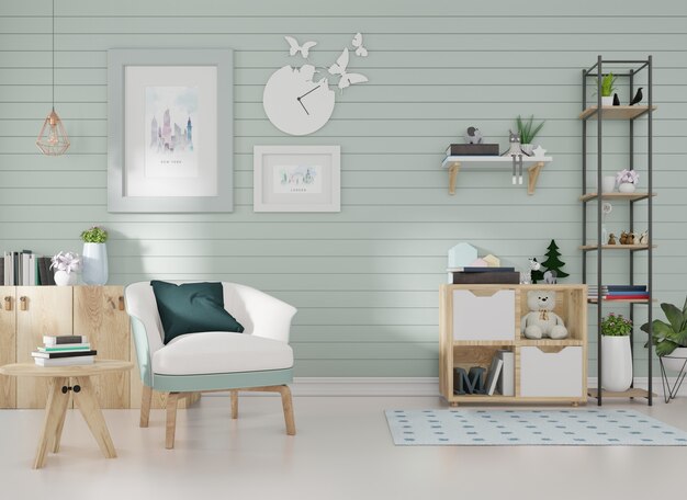 Interior mockup In a room with blue slats on the wall and a picture frame a blue armchair is posit