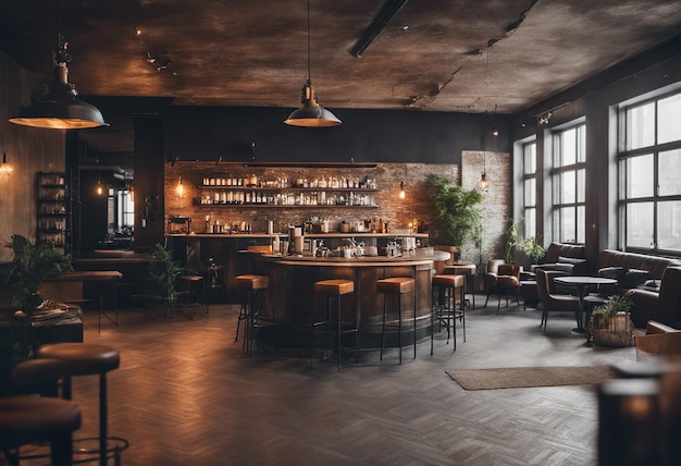 Interior of modern bar with wooden tables and chairs