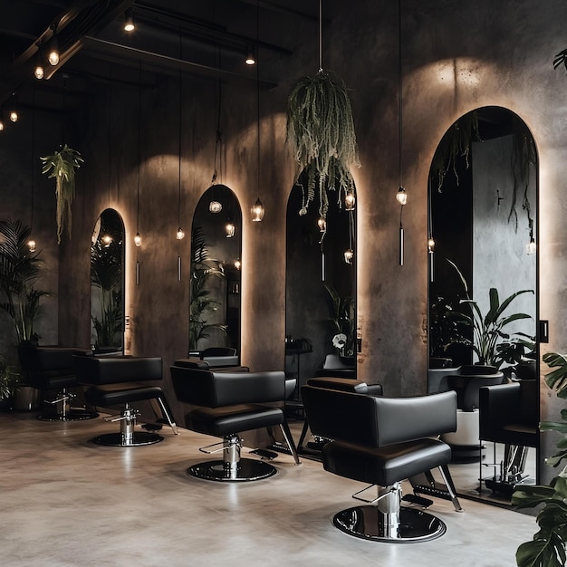 Photo interior of modern barber shop with black leather armchairs lamps and plants