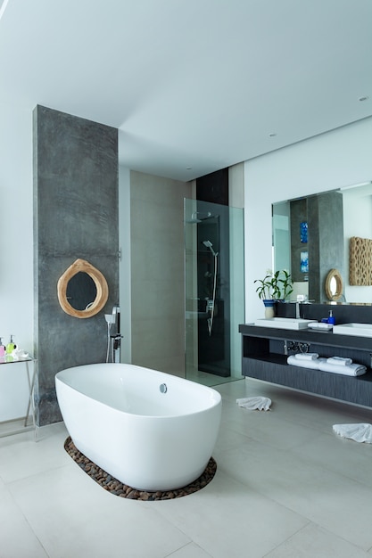 Interior of modern bathroom in modern villa.