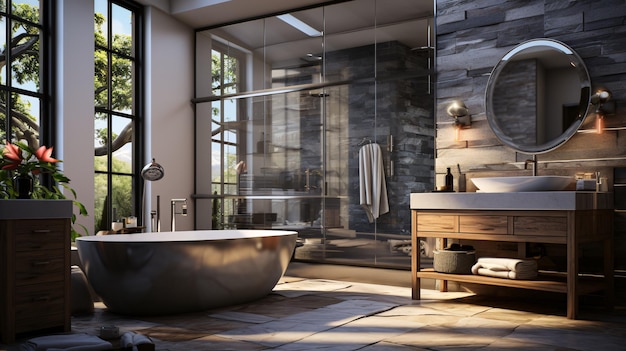 Interior of modern bathroom with bathtub and mirror