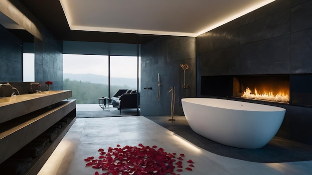 Interior of modern bathroom with black and gray walls concrete floor comfortable bathtub