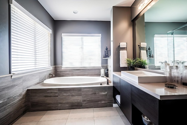 Interior of a modern bathroom with seperate bath