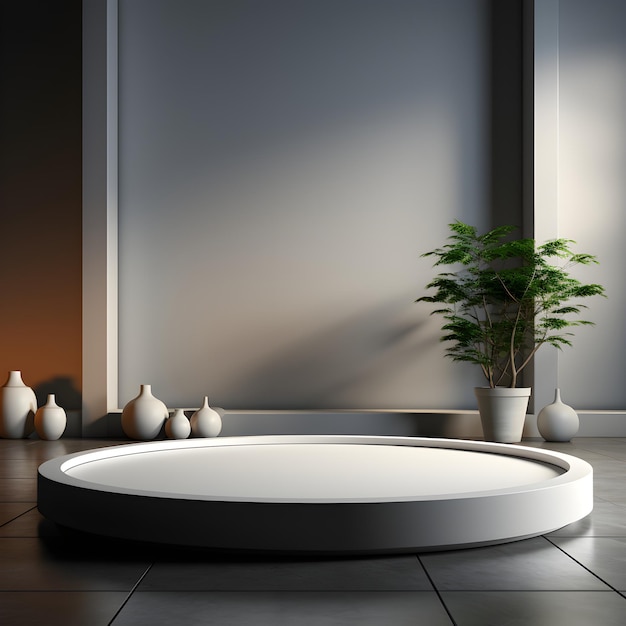 Interior of modern bathroom with white and gray walls tiled floor and round white podium 3d render