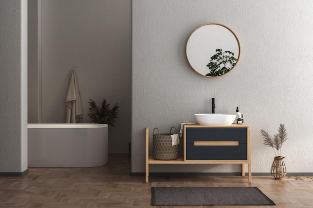 Interior of modern bathroom with white walls, wooden floor, bathtub, dry plants and white sink.