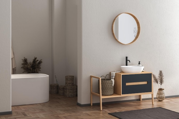 Interior of modern bathroom with white walls, wooden floor, dry plants, arches, white sink.