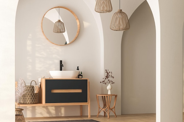 Interior of modern bathroom with white walls, wooden floor, dry plants, arches, white sink.