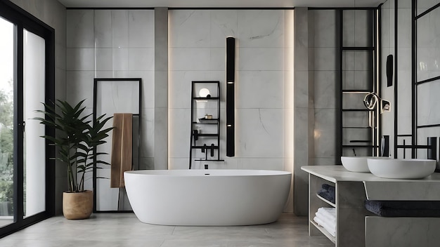 Interior of modern bathroom with wooden walls concrete floor and white bathtub