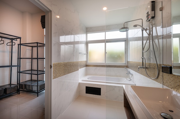 Interior of Modern bathtub bathroom and sink interior in a hotel