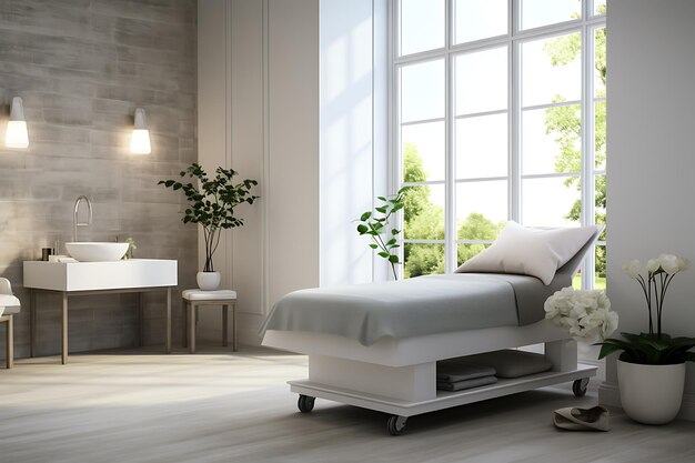 Interior of modern beauty salon with white bed and cosmetology equipment