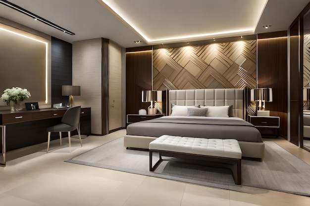 Interior of modern bedroom design with a bed dressing mirror and ceiling design