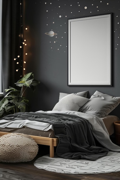 Photo interior of a modern bedroom in space theme with empty mockup picture frame on wall