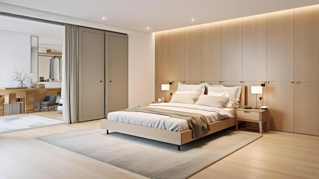 Interior of modern bedroom with comfortable bed and big closet in new apartment