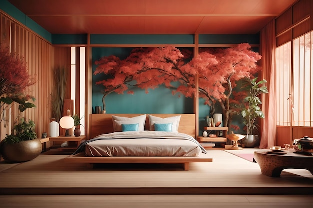 Interior of modern bedroom with cozy double bed