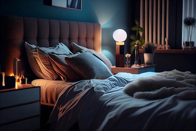 Interior of a modern bedroom with a double bed and a lampgenerative ai