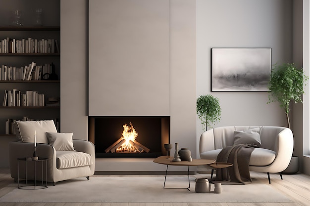 Interior of modern bedroom with fireplace and gray walls 3d render