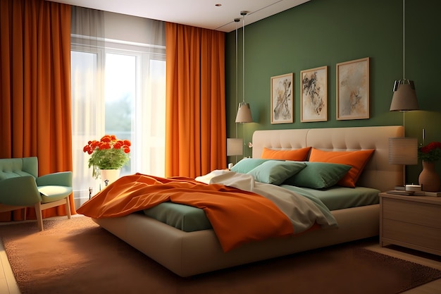 Interior of modern bedroom with orange and green khaki colors