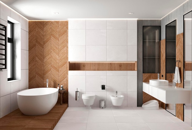 The interior of a modern bright spacious bathroom with a freestanding bathtub 3d render