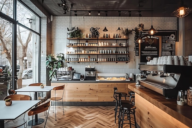 Photo interior of modern cafe with dark wooden walls